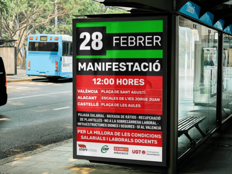 Lee más sobre el artículo UGT, CSIF, CCOO i STEPV convoquen manifestacions el 28 de febrer i vaga educativa el 31 de març